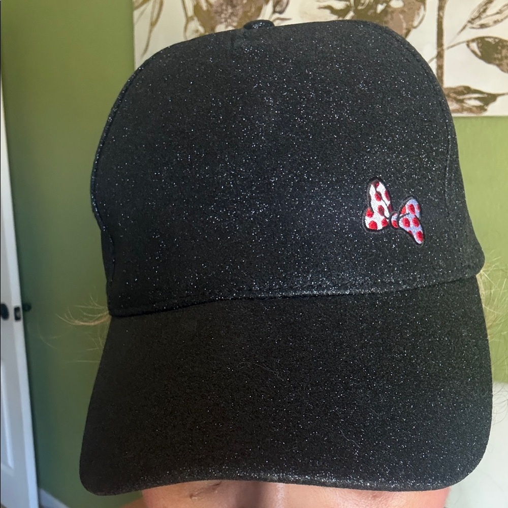 Black Glitter Minnie Baseball Cap with Red Polka Dot Bow
